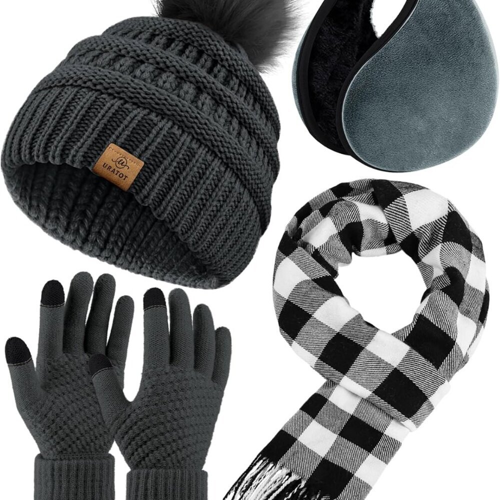 Beanie Hat Scarf Gloves 4 in 1 Winter Set Knitted Scarf Hat Touch Screen Gloves